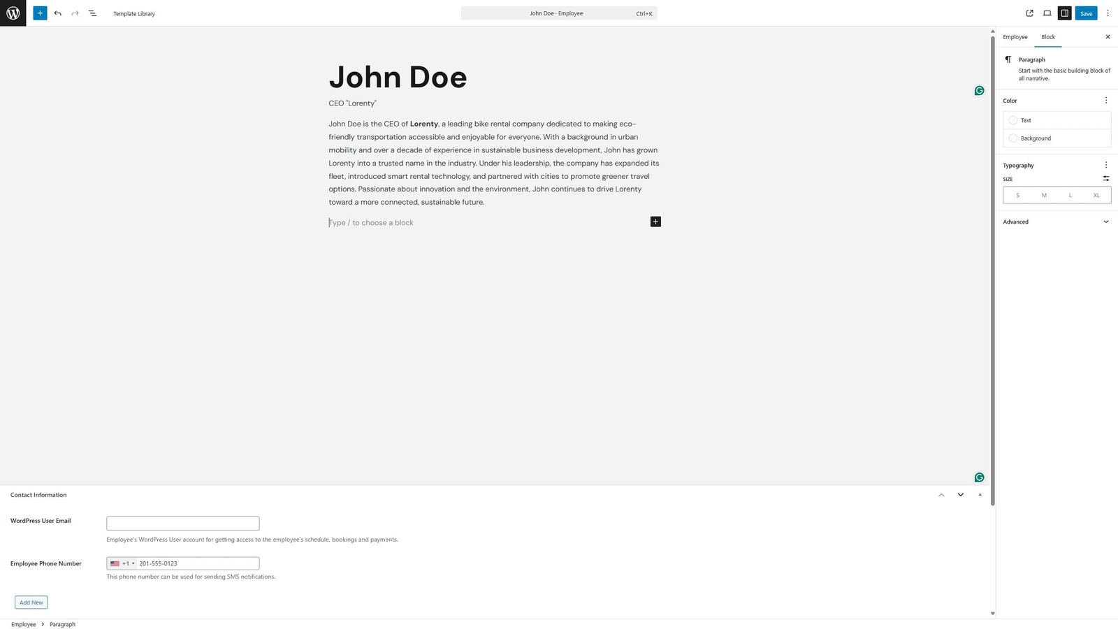 Figure of the Employees plugin section for creating an employee page.