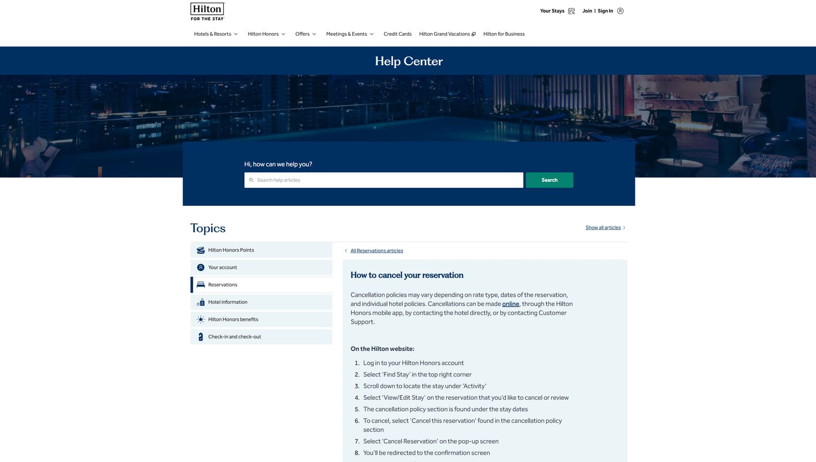 Figure of Hilton Help Center with a guide on canceling a reservation.