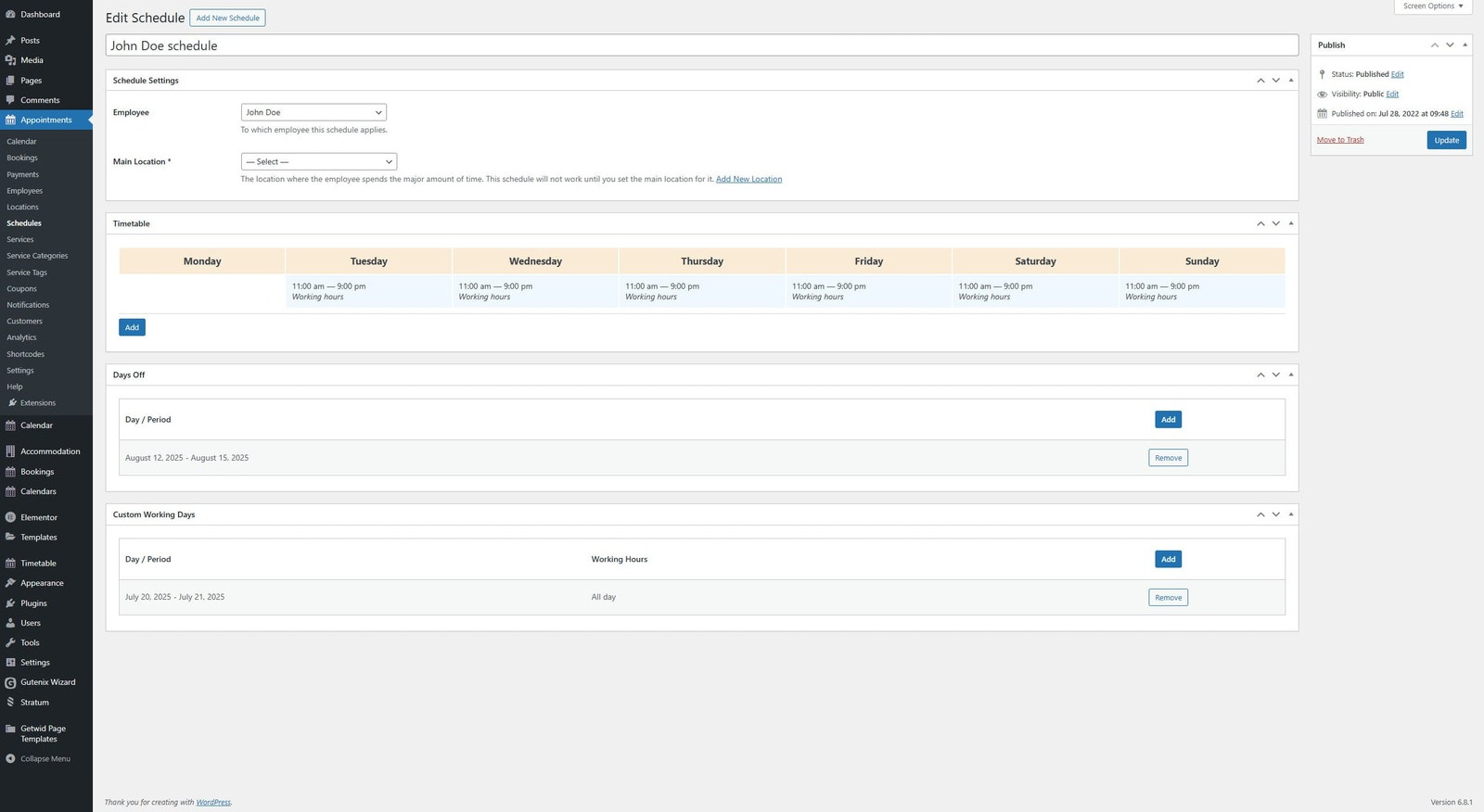 Picture of employee schedule, supporting full booking timetable customization, aside from the plugin supporting Apple Pay WordPress functionality.