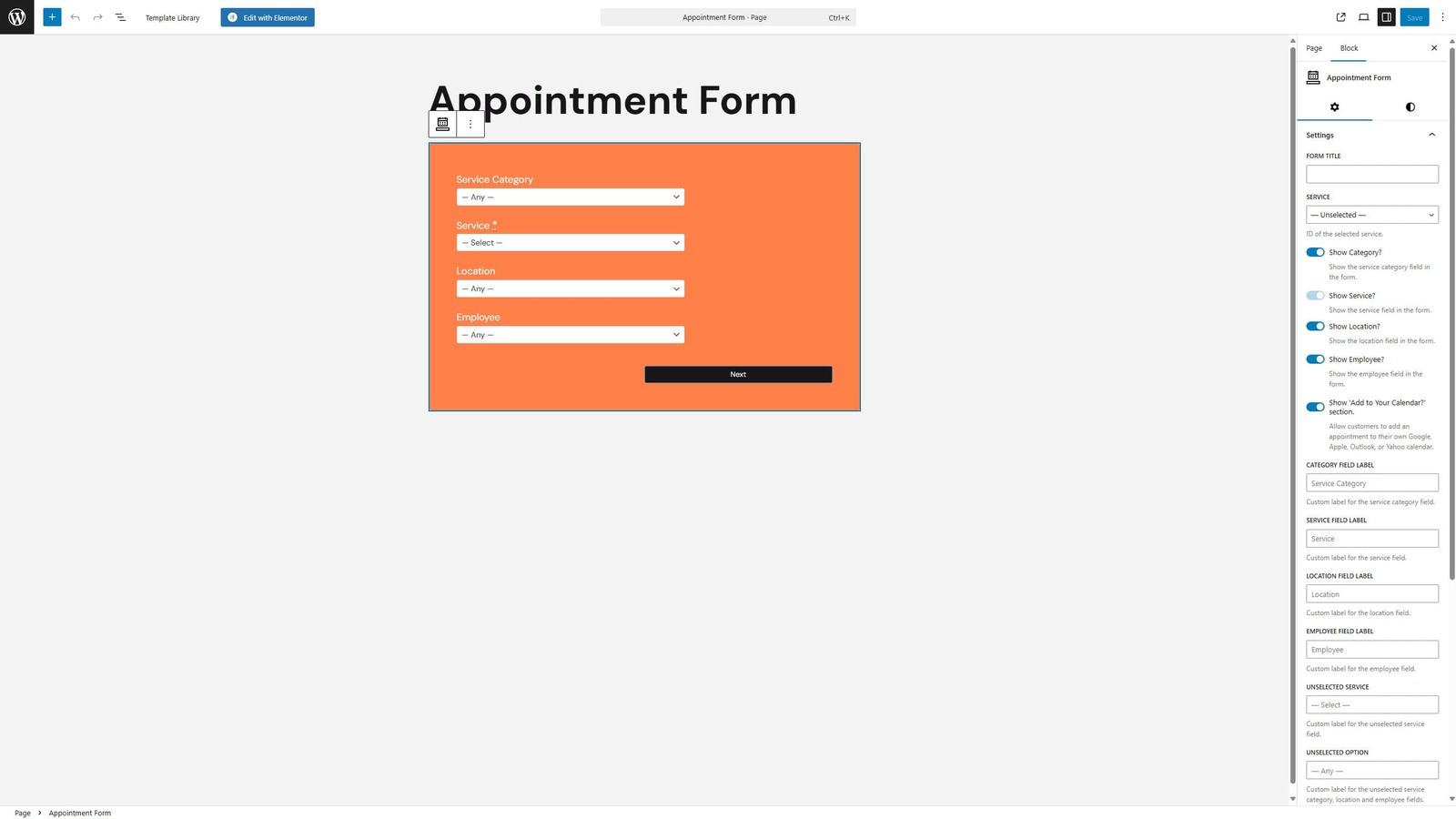 Snapshot of Appointment Booking block for Gutenberg with the booking form already visible.
