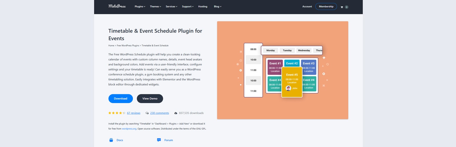 Snapshot of Timetable & Event Schedule, a free scheduling WordPress solution with a responsive timetable design.