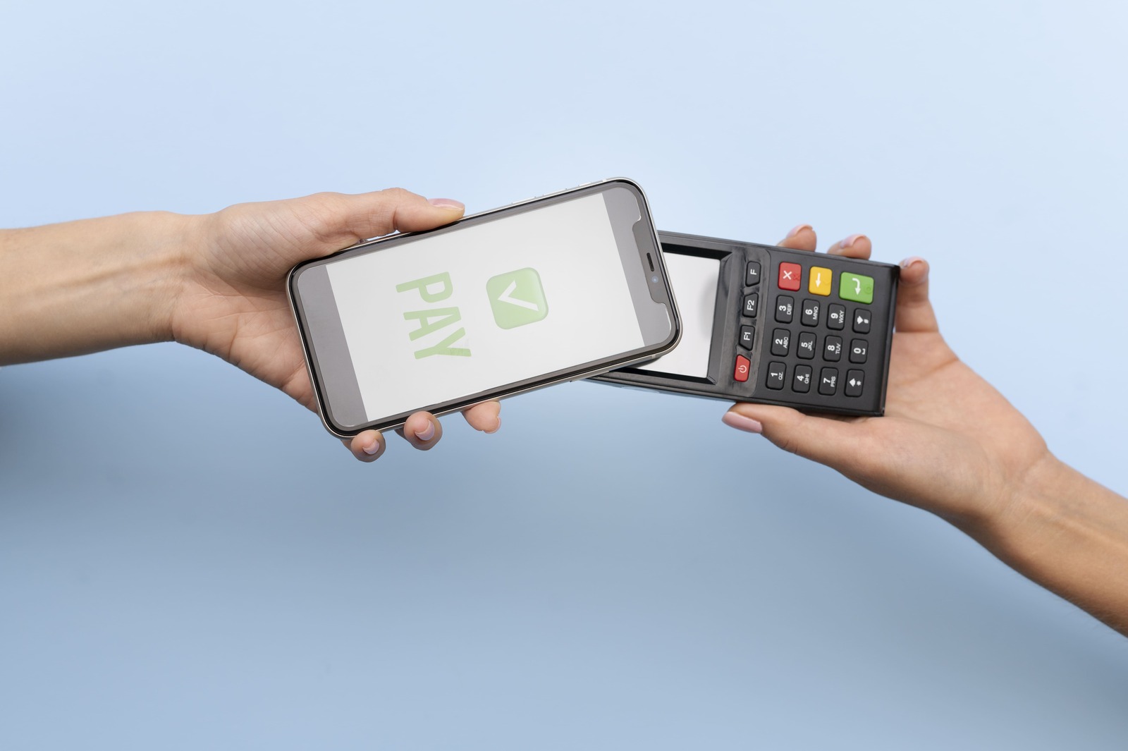 View of a person completing a transaction using Apple Pay WordPress.