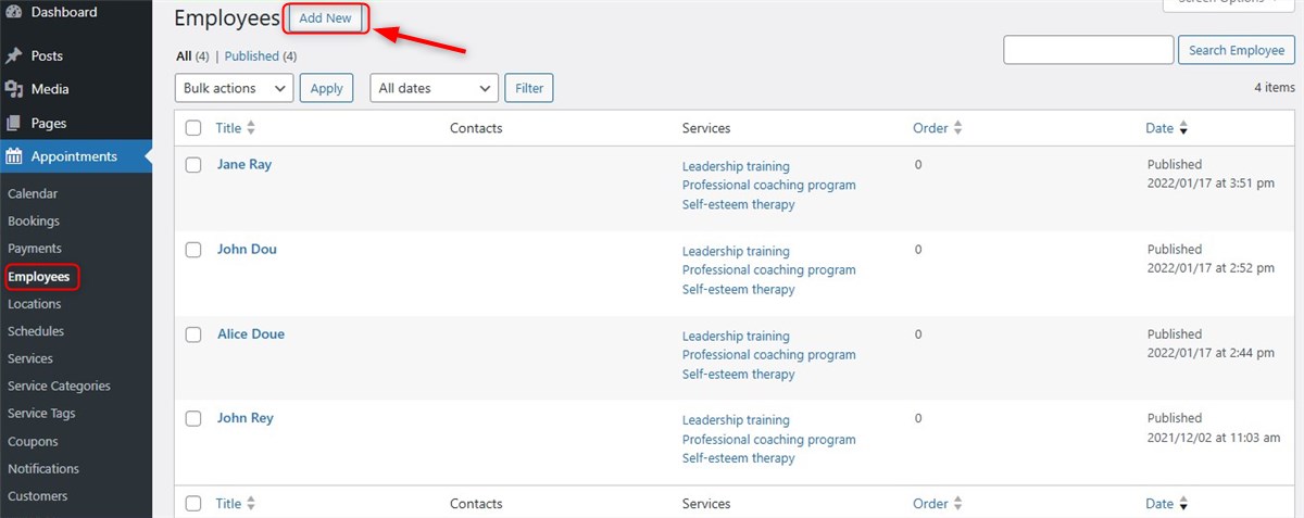 Add new employee to WordPress booking website.