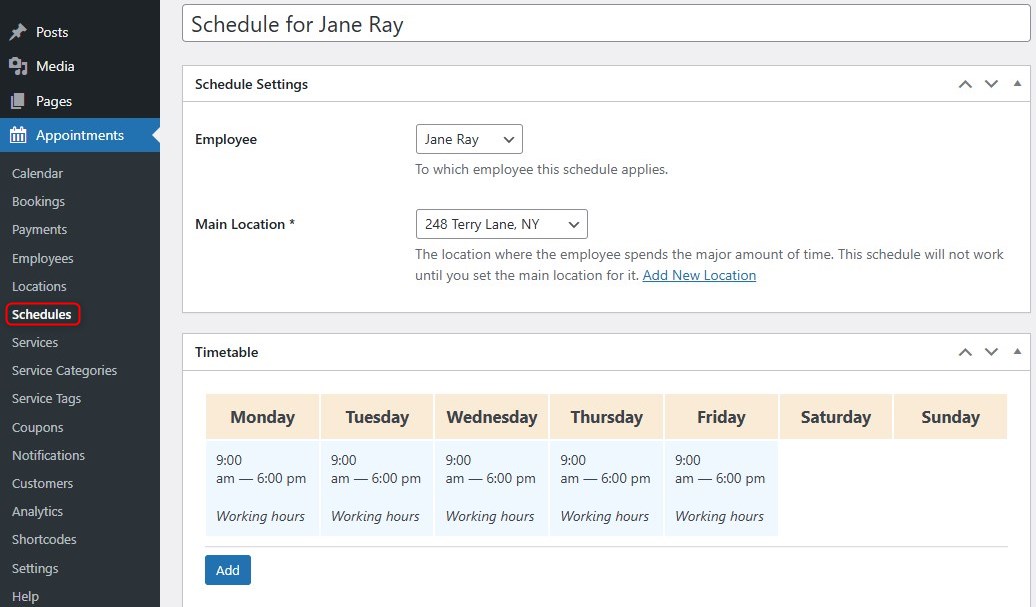 Screenshot of the schedule in MotoPress Appointment booking plugin.