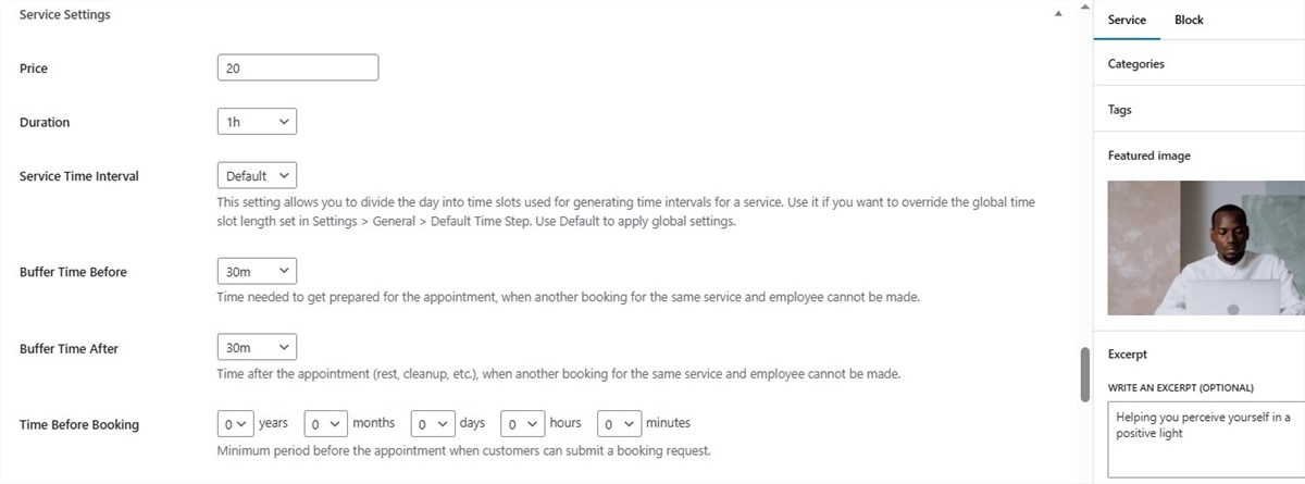 Screenshot of service settings in Coachzee.