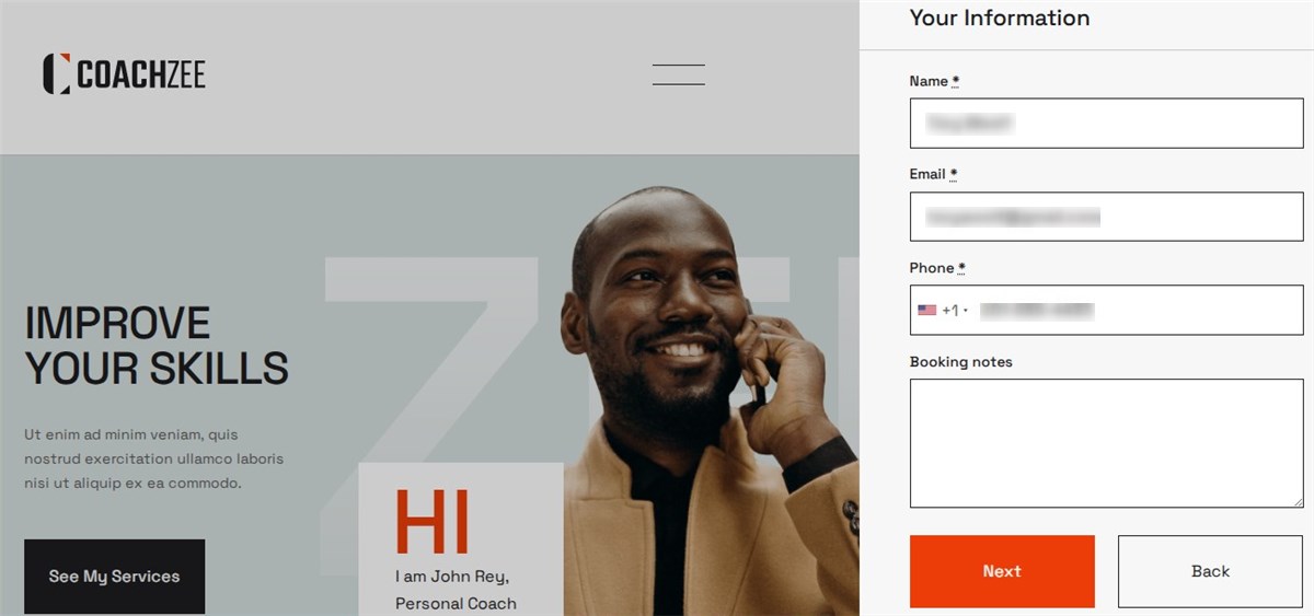 Personal Information step on WordPress booking website.