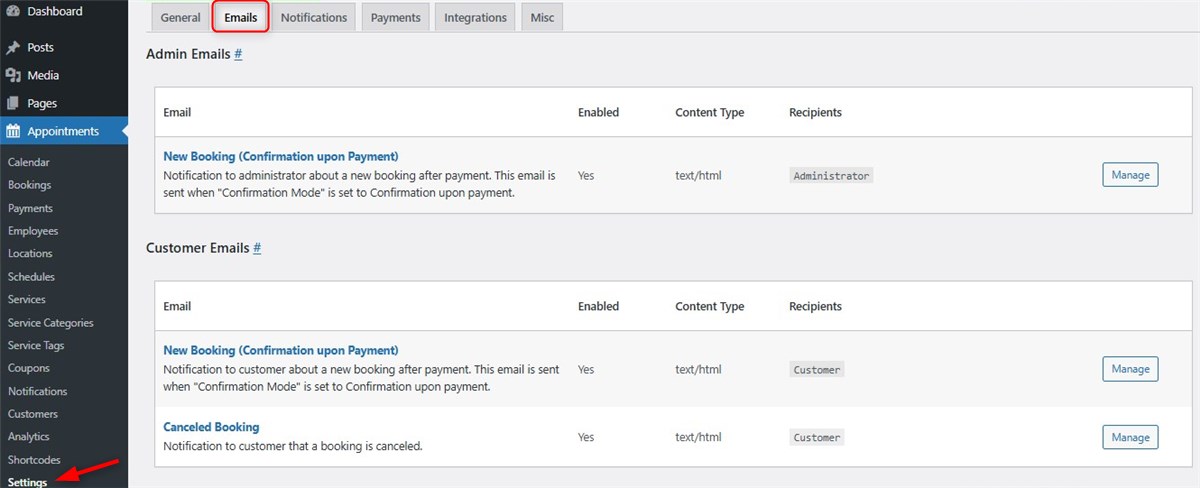 Screenshot of Emails menu.