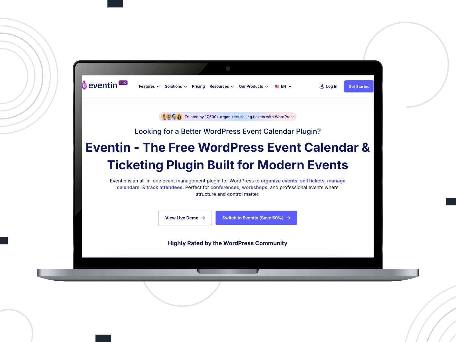 Collage of the Eventin wordpress plugin homepage on the desktop screen.