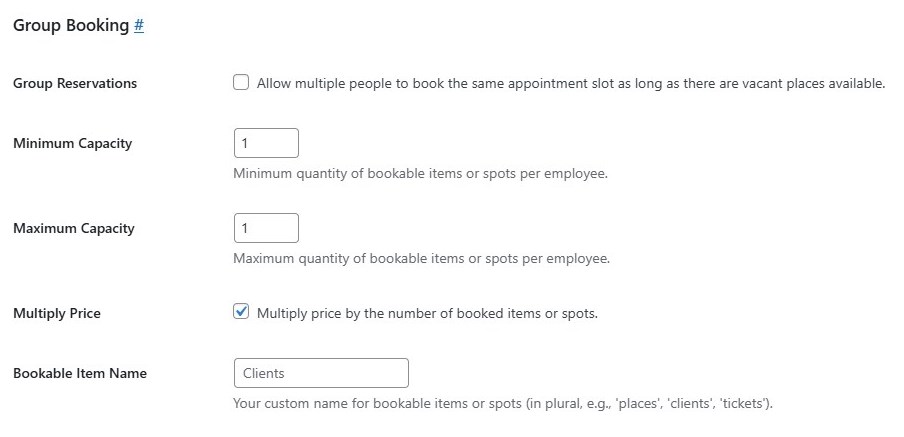 Screenshot of the appointment group bookings settings.
