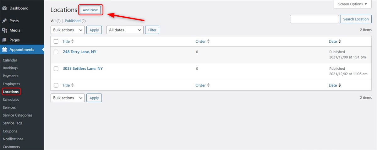 Locations in WordPress appointment booking plugin.