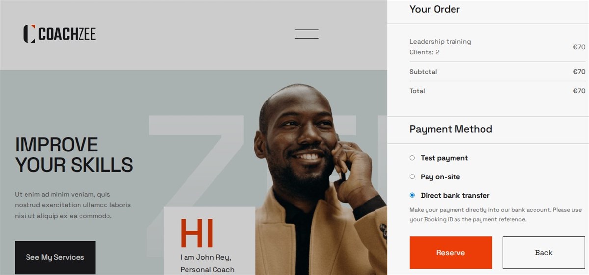 Payment methods in WordPress coachzee booking website.