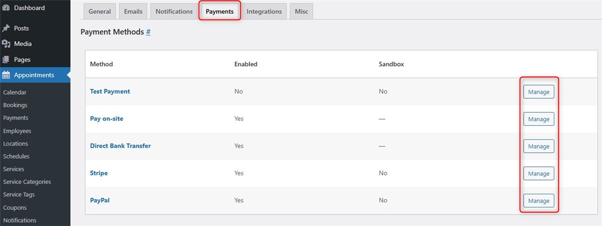 Screenshot of payment methods in MotoPress Appointment Booking.