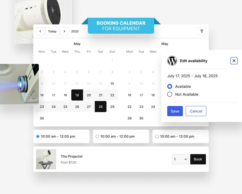 Image of Booking Calendar by MotoPress used for equipment rental.