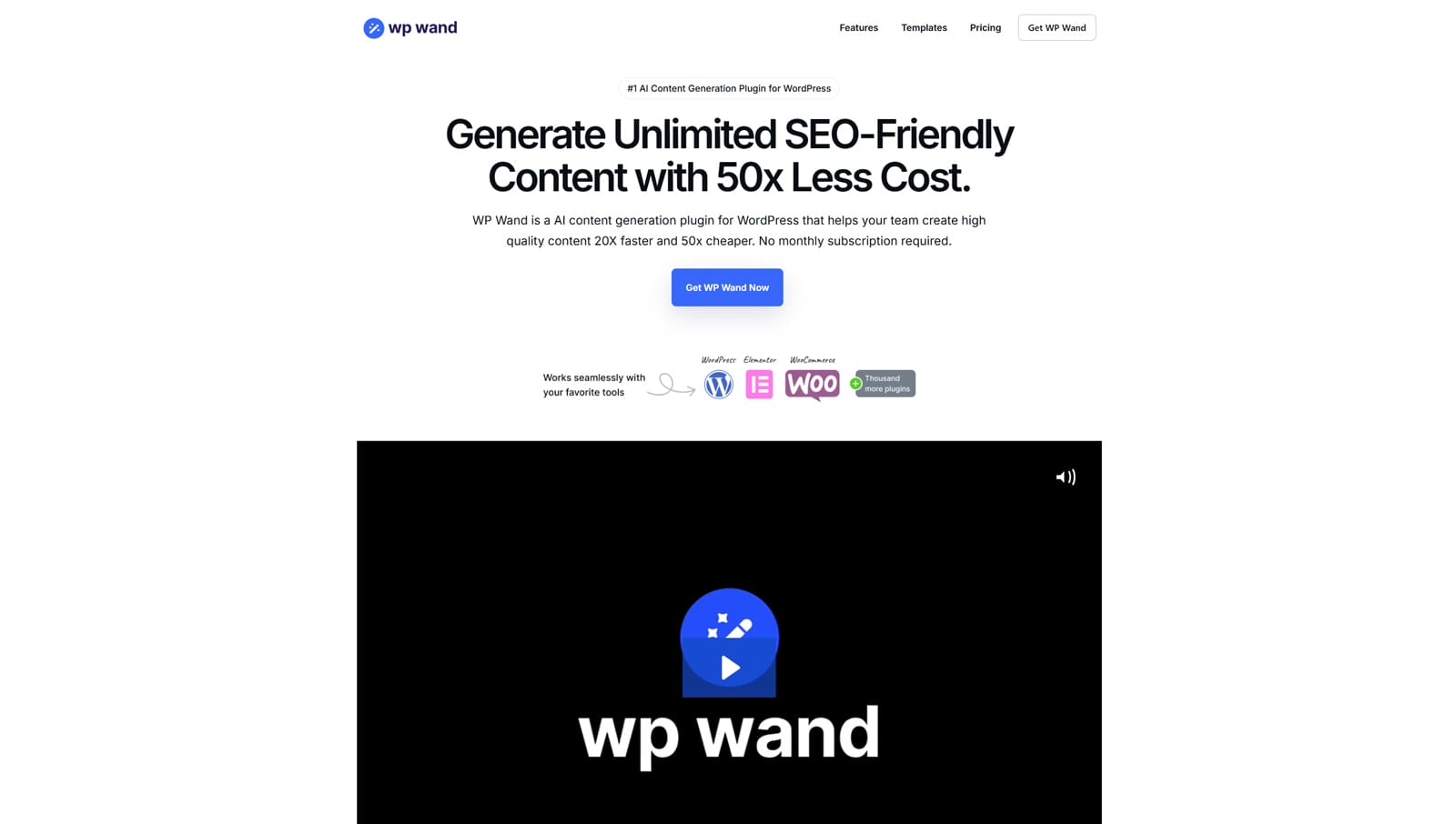 Graphic of WP Wand, a flexible content generation tool with 40+ content generation templates.