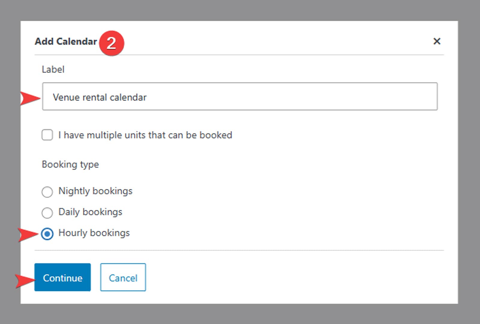 Graphic of a modal window to specify the new calendar's details.