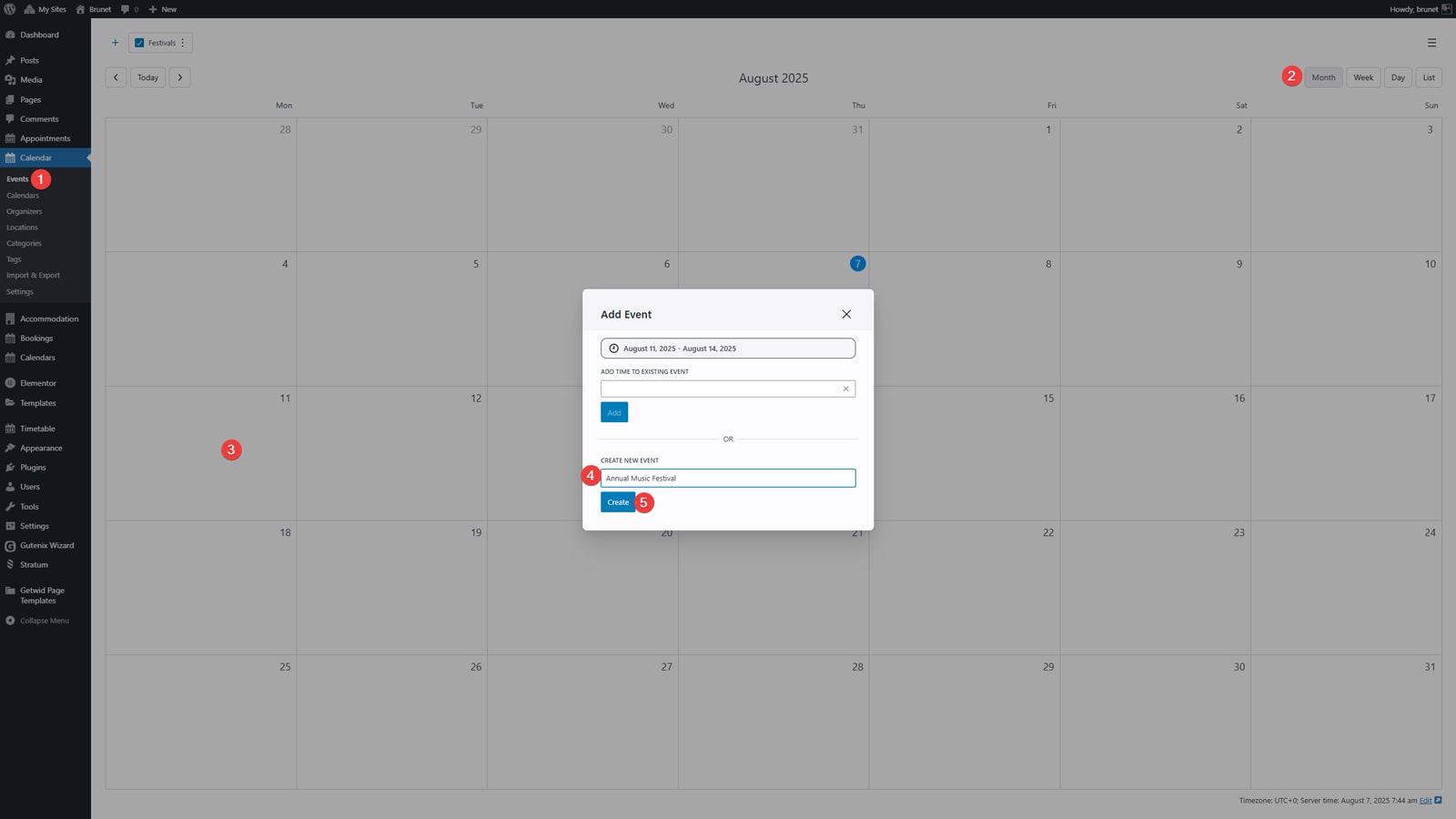 Representation of specifying the multi-day event details using the dashboard of the WordPress event plugin.