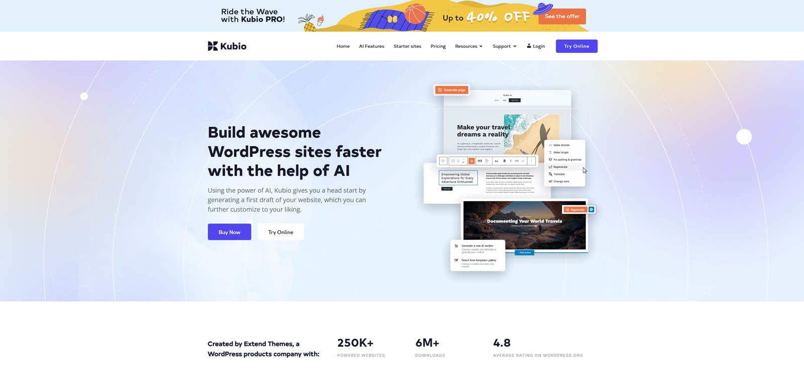 Graphic of Kubio AI Page Builder, one of the popular WordPress AI plugin options with 50+ blocks for customization.