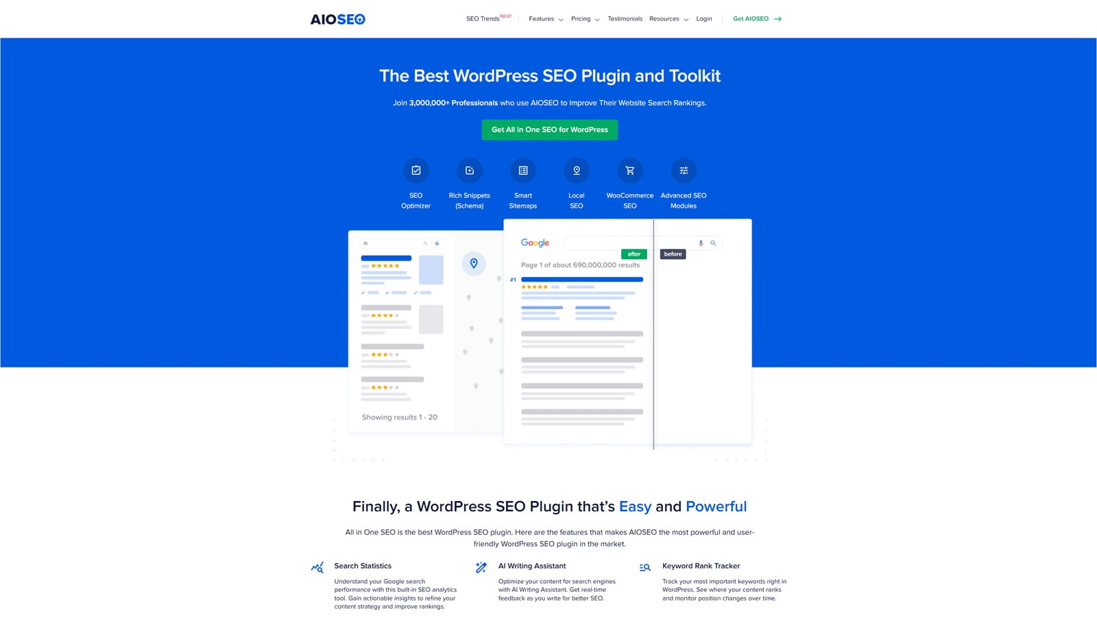 Visual of AIOSEO, a powerful SEO solution with an AI writing assistant.