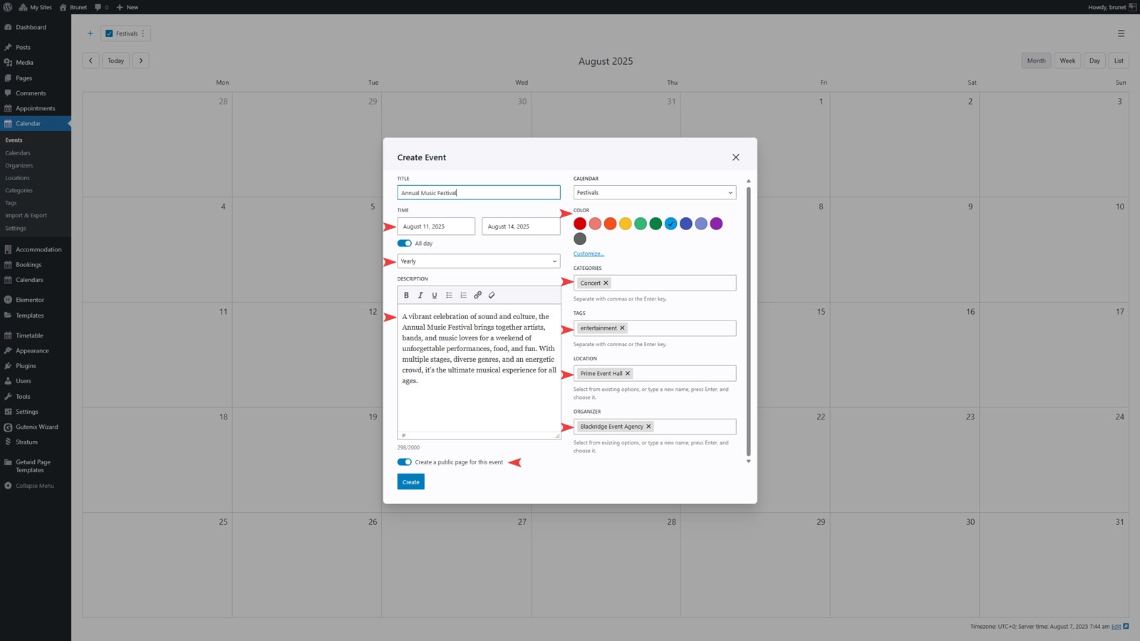Visual of adding the events calendar to a WordPress page using the built-in Gutenberg block.