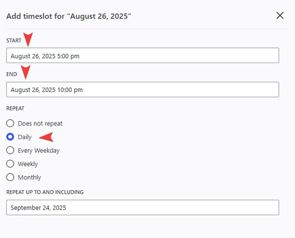 Illustration of adding a time slot with the WordPress availability calendar plugin.