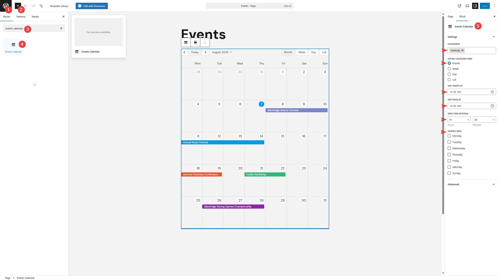 Illustration of modifying the site's main menu to add the Events page built with the WordPress event plugin.