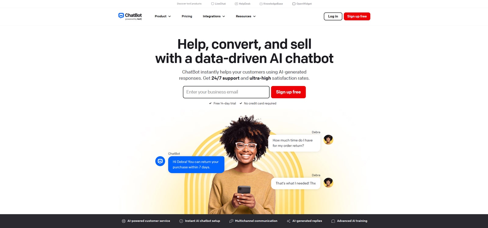Figure of ChatBot, a customizable chat solution for business with advanced AI training.