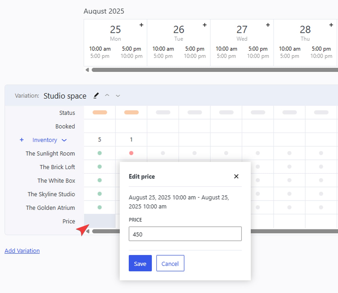 Figure of changing the price per timeslot via the MotoPress Booking Calendar interface.