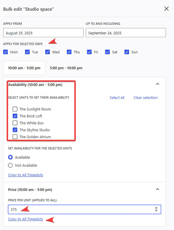 Picture of the bulk editing tool interface of the WordPress availability calendar plugin.