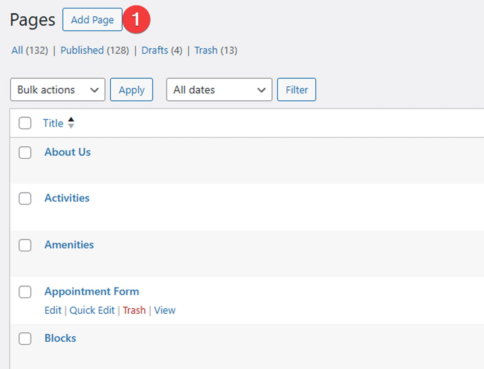 Picture of adding a new page using the WordPress dashboard.