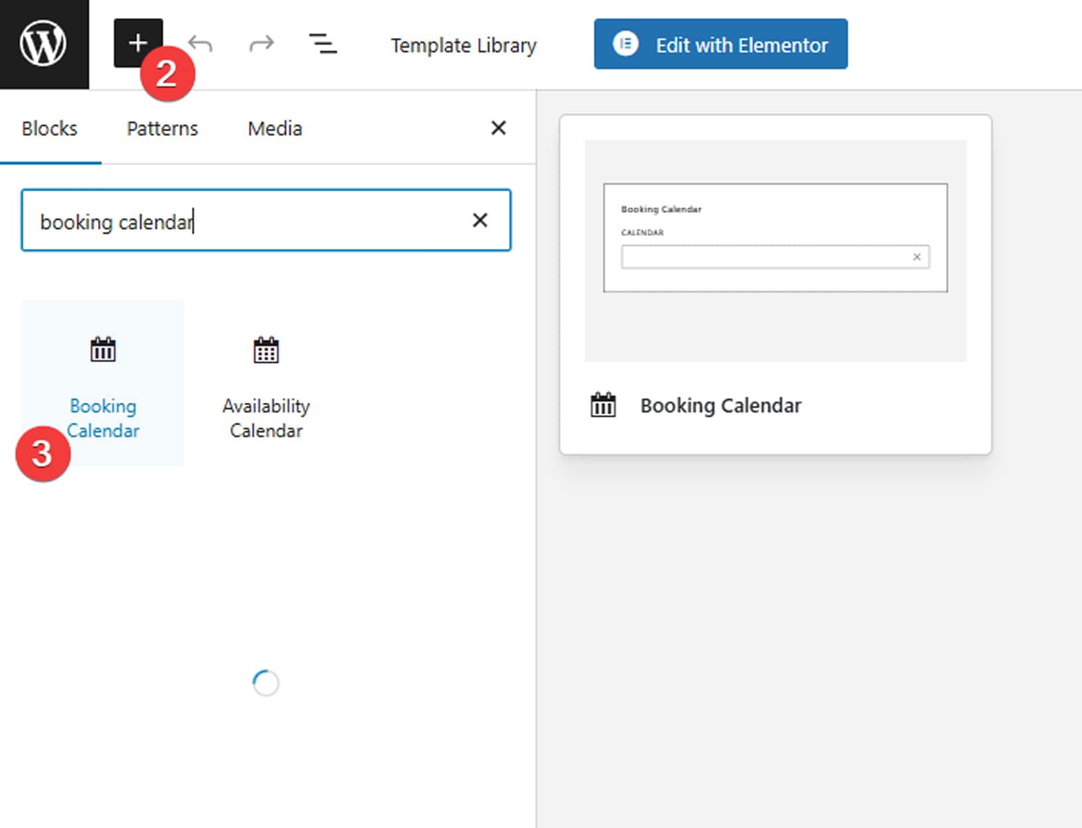 Image of inserting the Gutenberg block with the WordPress availability calendar plugin.