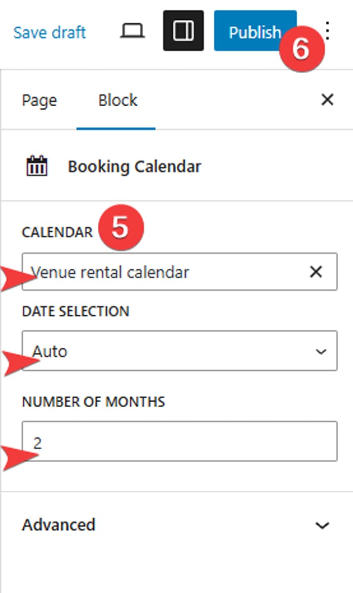 Graphic of customizing the block settings of the WordPress availability calendar plugin.