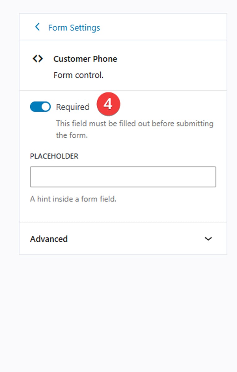 Figure of the "Required" field toggle as a part of form customization that the WordPress availability calendar plugin offers.