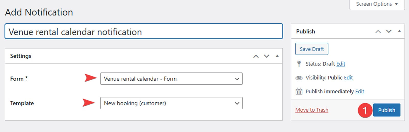 Snapshot of adding an email notification for the WordPress availability calendar plugin.