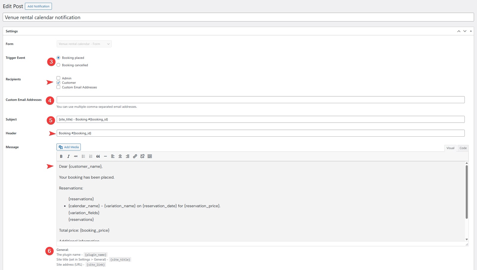 View of editing detailed settings of a new email notification.