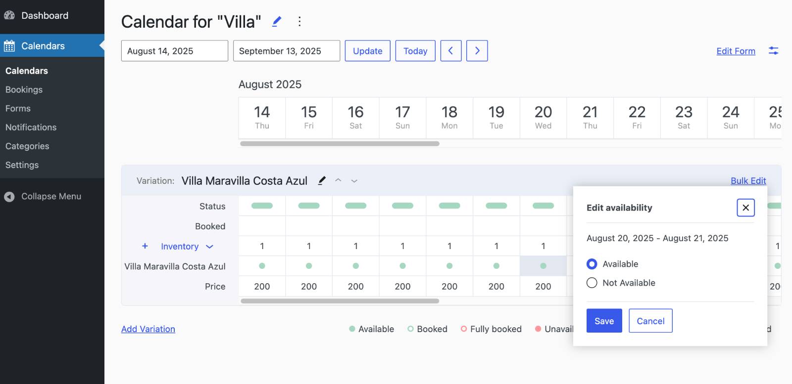 Booking calendar editing interface.