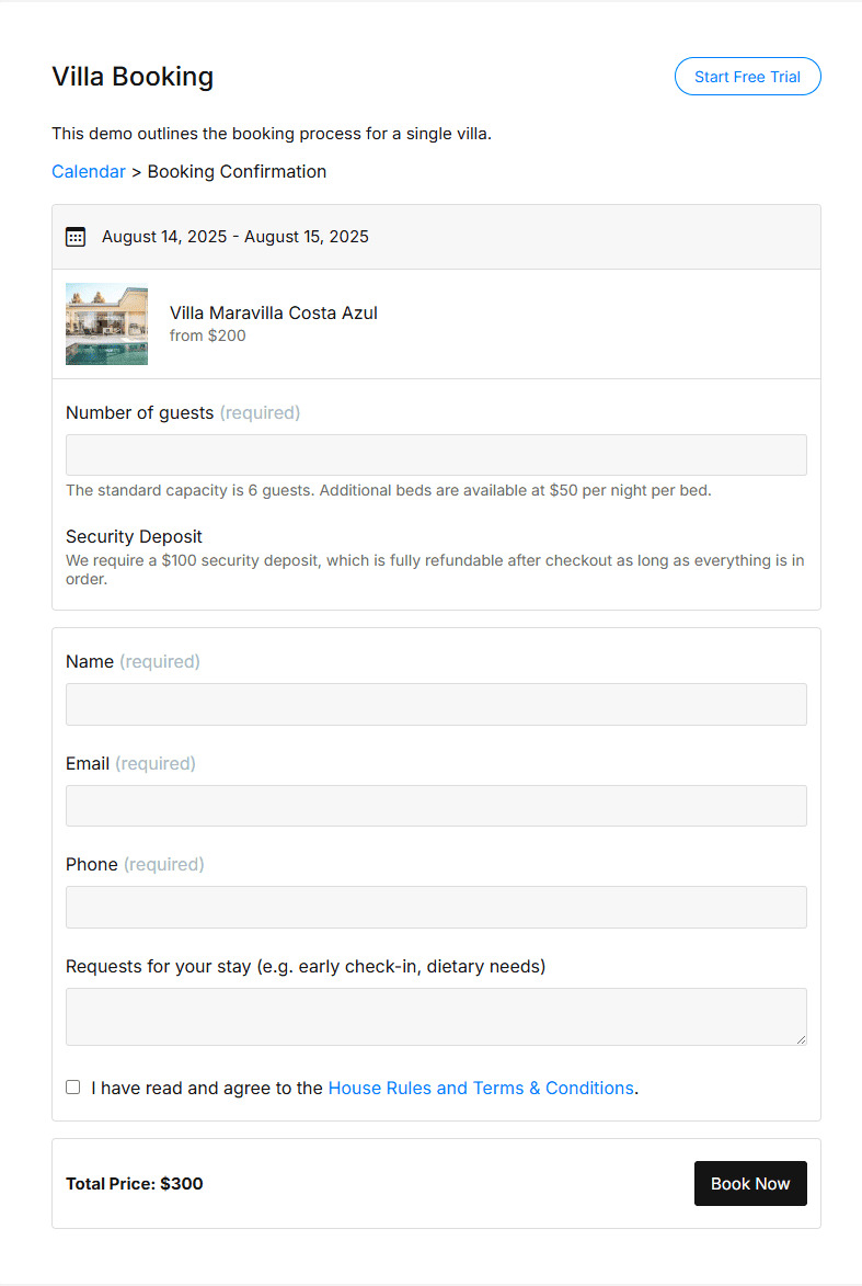 Representation of Booking Calendar form intended for gathering client information.