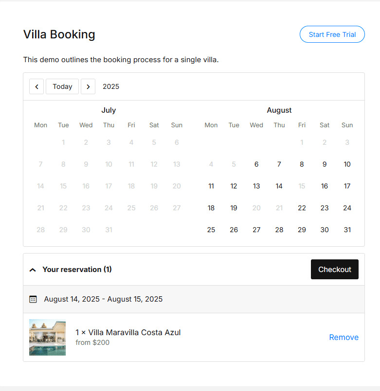 Photo of Booking Calendar widget displayed on the frontend.