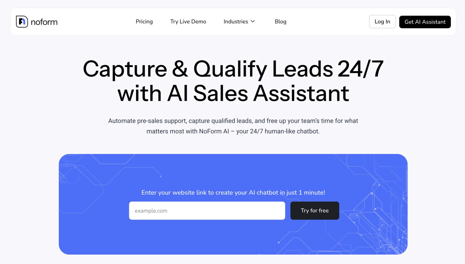 Screenshot of the NoForm AI wordpress plugin homepage.