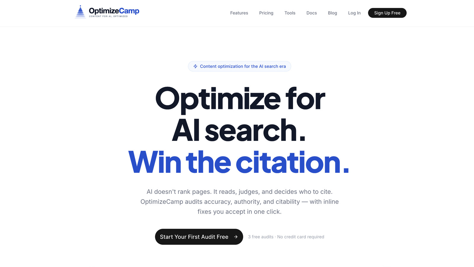 Screenshot of the OptimizeCamp homepage.
