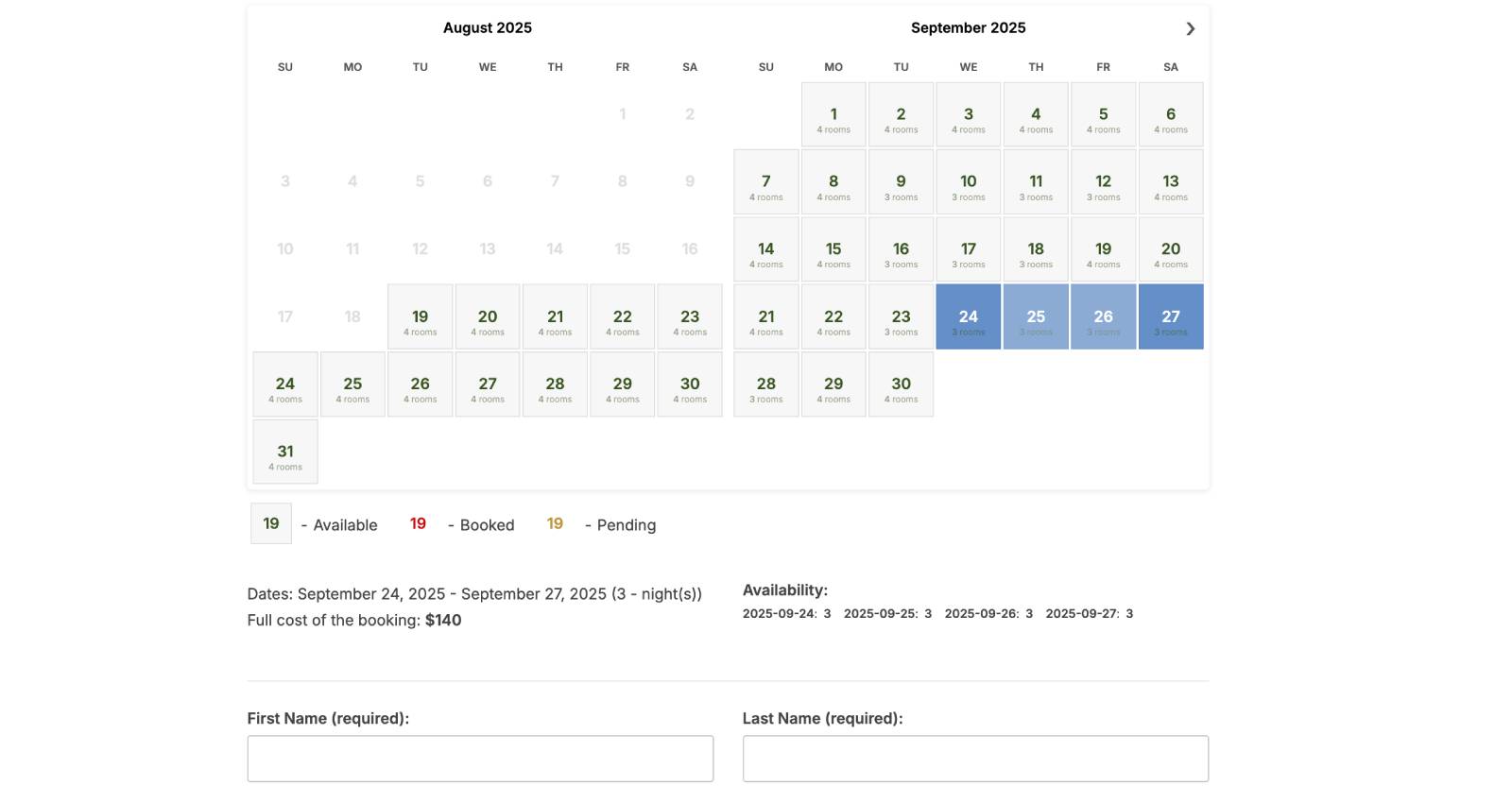 WP booking calendar form example.