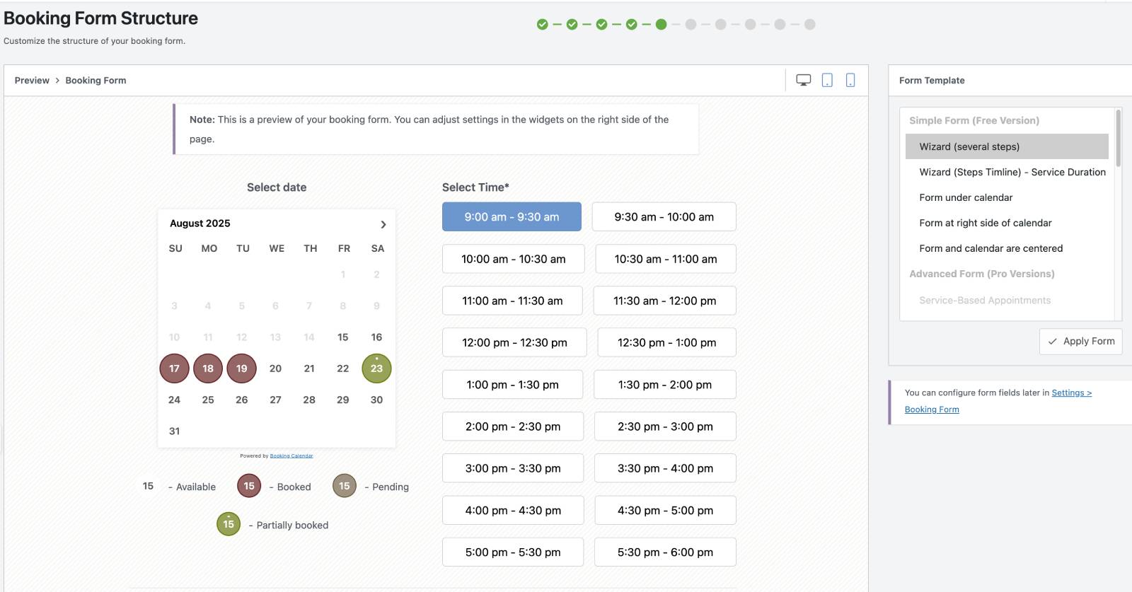 WP booking form calendar design.
