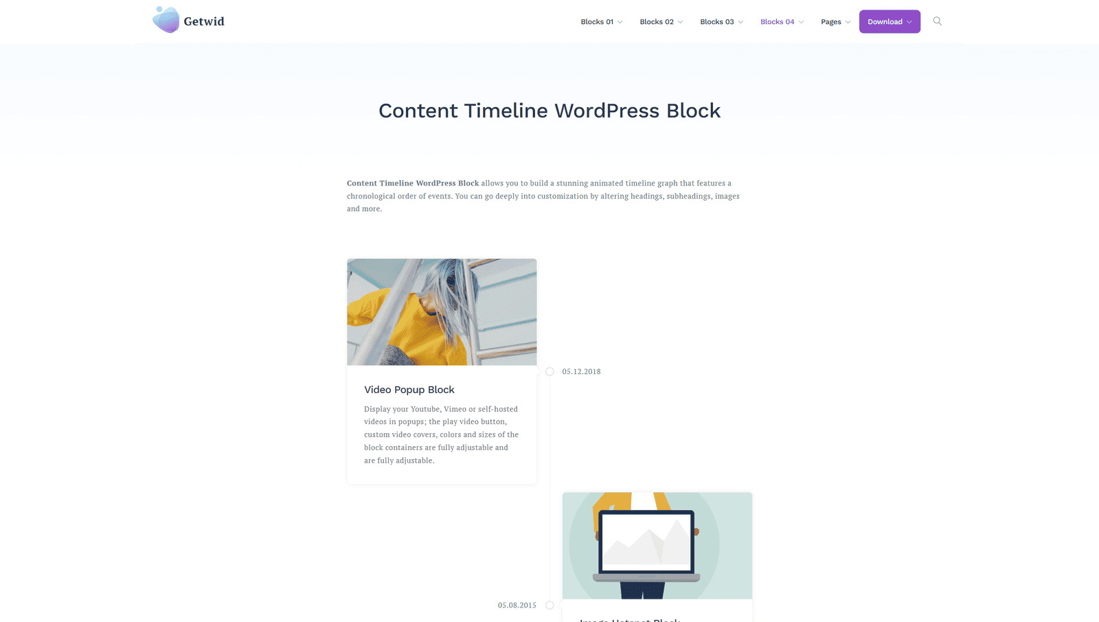 Picture of WordPress Timeline Block by Getwid, one of free WordPress timeline plugins with 2 vertical timeline layouts.