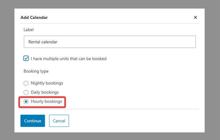Photo of a modal window of the WordPress rental plugin used for creating an hourly calendar.