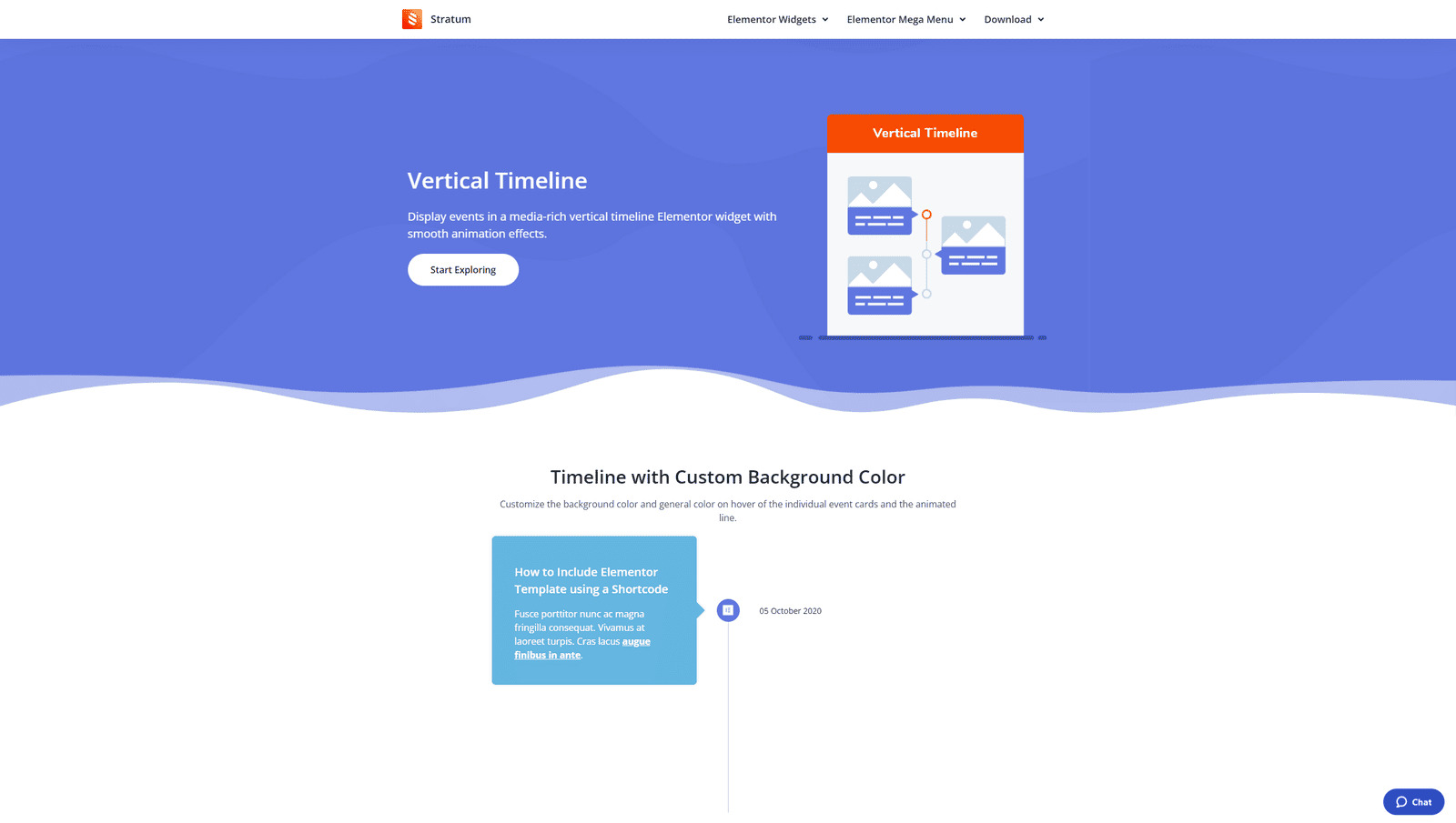 Graphic of Timeline Widget for Elementor by Stratum, a flexible timeline solution with detailed widget controls.