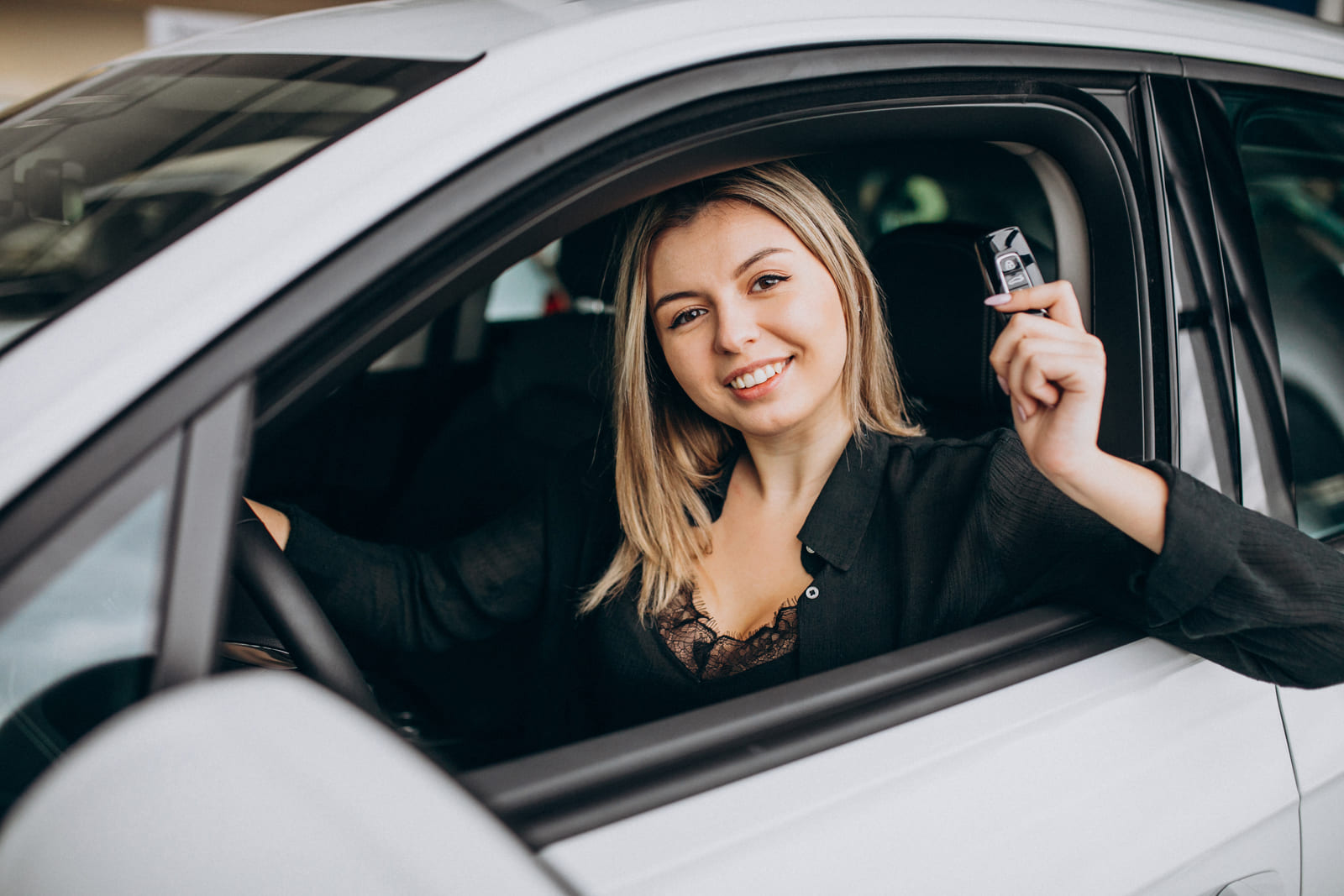 Graphic of a woman renting out a car, functionality provided by the WordPress rental plugin.