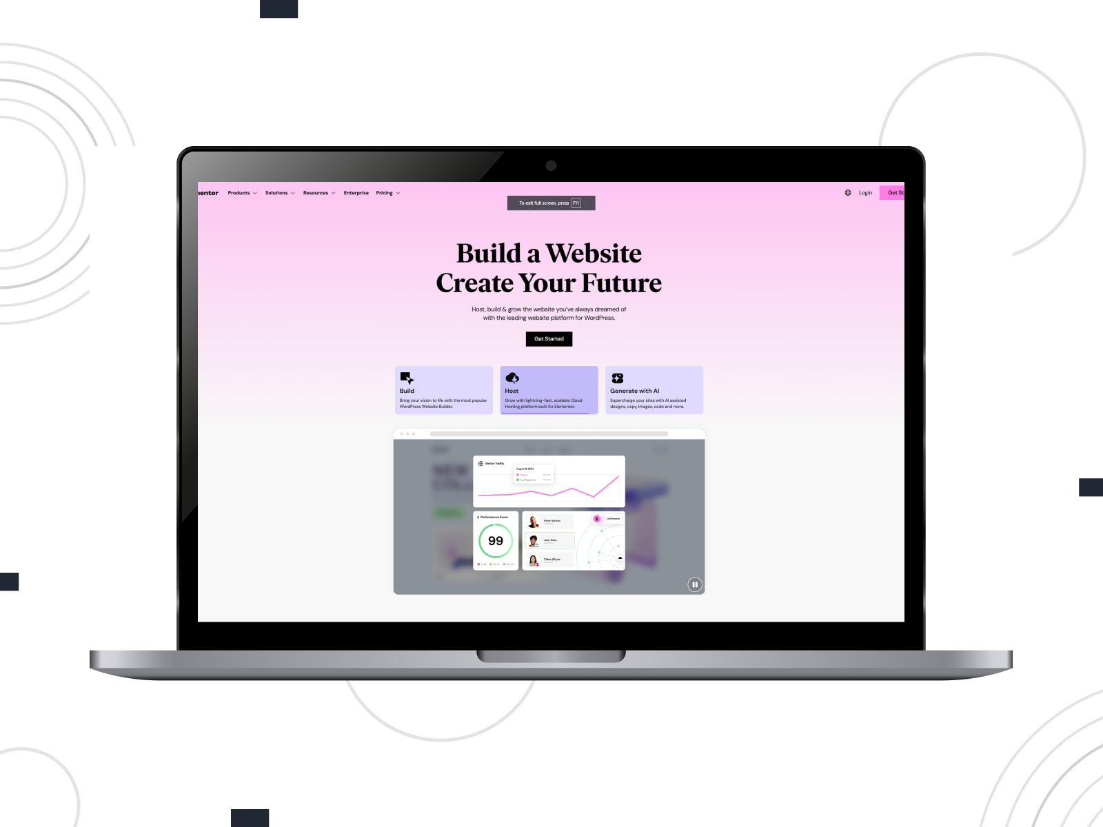 Graphic of Elementor Media Carousel, a built-in Elementor builder widget with up to 10 slides per view.
