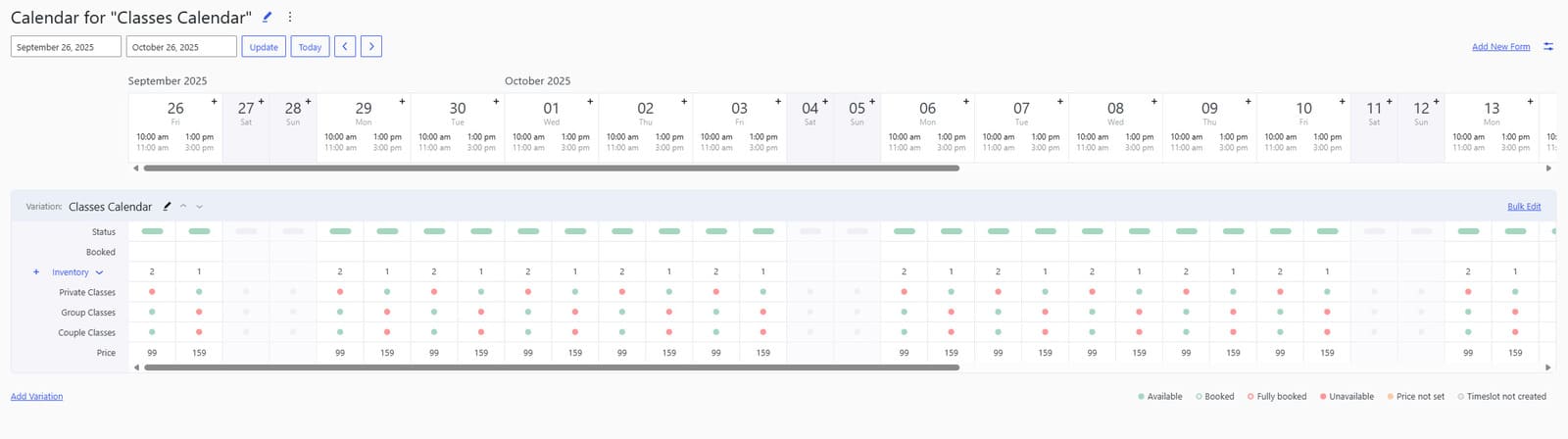 Photograph of the booking calendar with a built-in inventory management section.