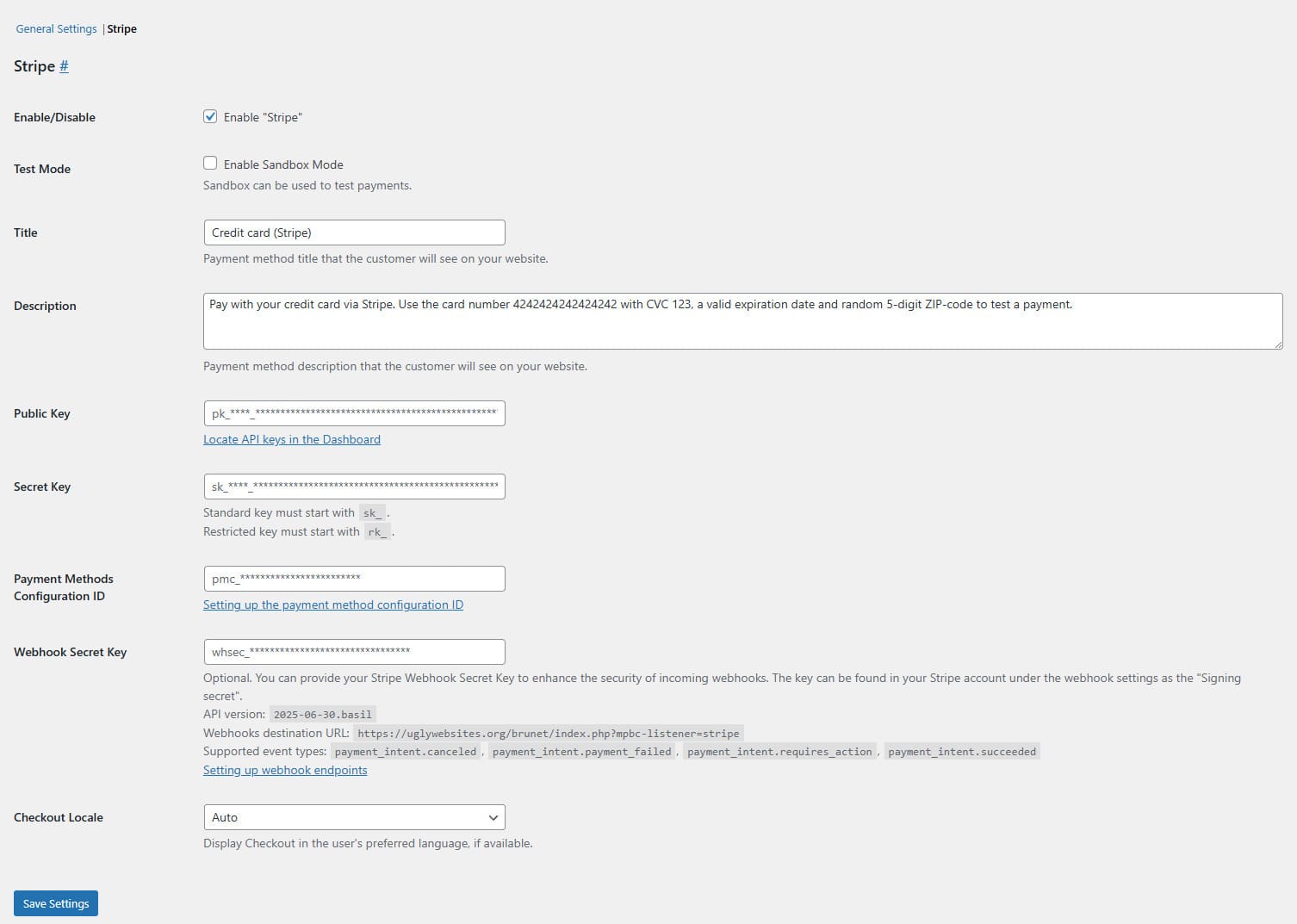 Portrait of Stripe integration settings provided by the WordPress rental plugin.