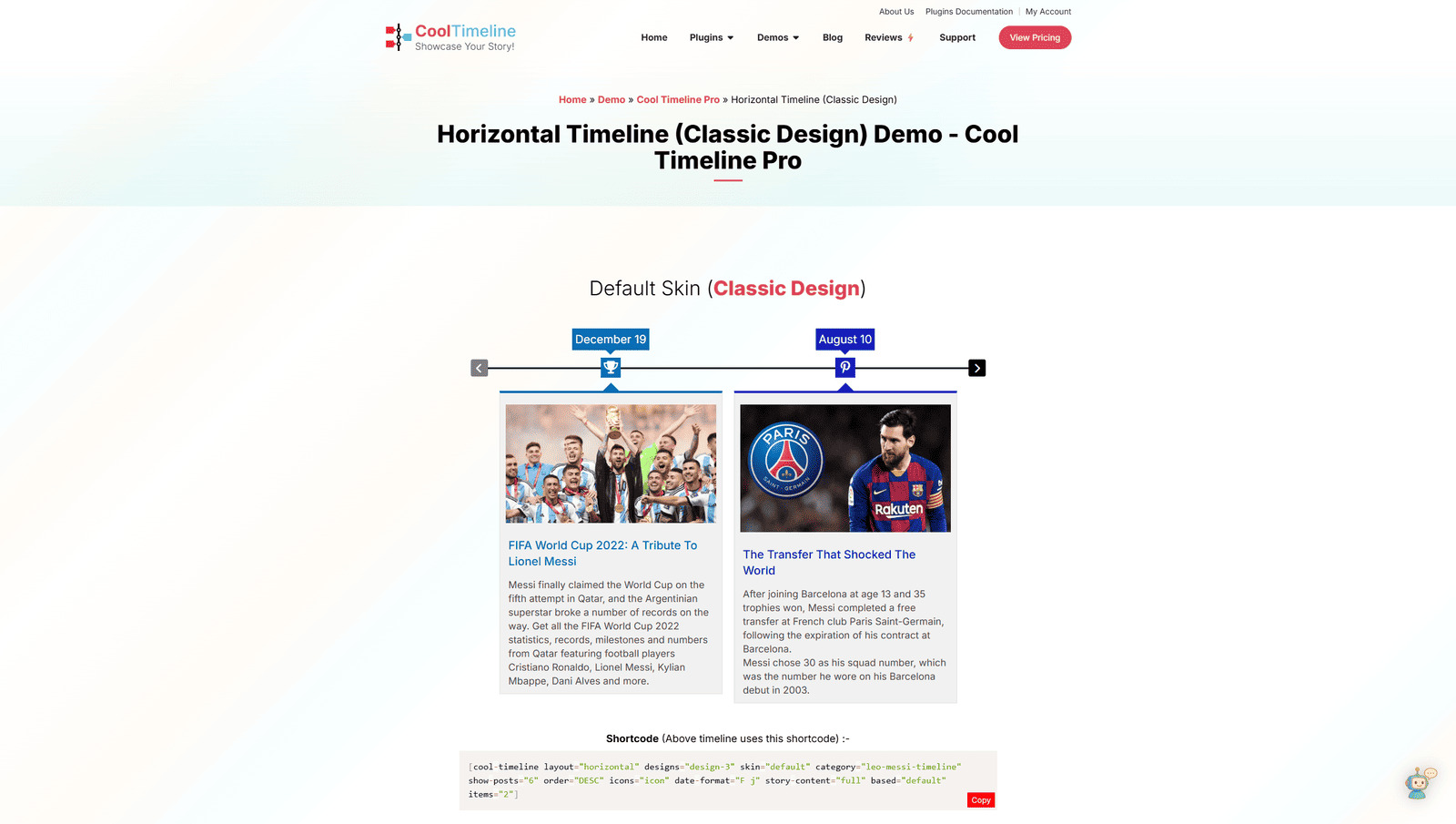 Picture of Cool Timeline Pro, one of WordPress timeline plugins with category filtering.