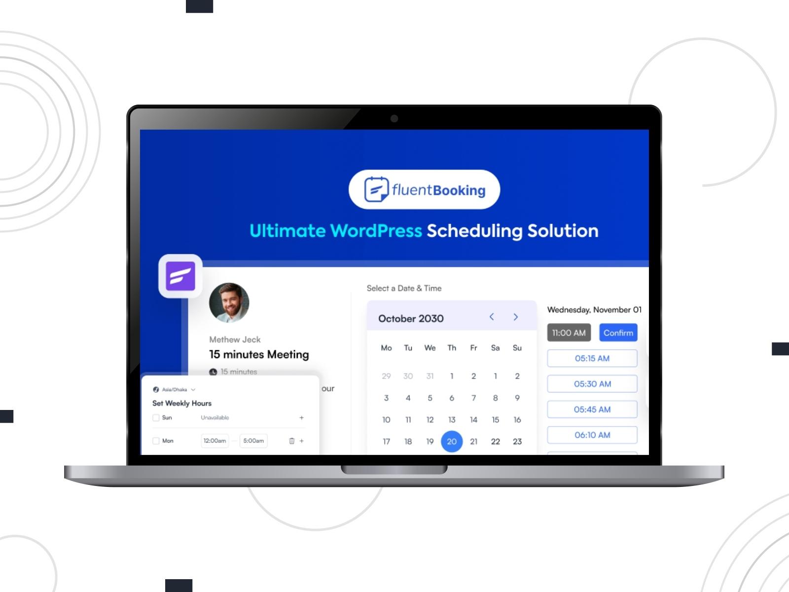 Collage of the Fluent Booking plugin demo on the desktop screen.
